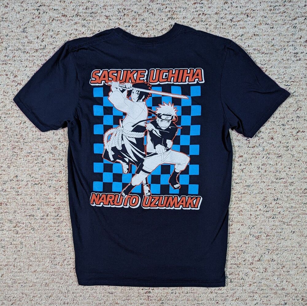 Naruto Shippuden T-Shirt Medium 2-Sided Navy Blue Tee Sasuke Uchiha Uzumaki